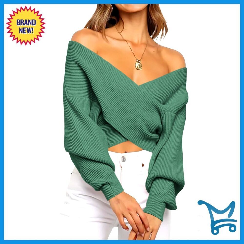 Off Shoulder Ribbed Knit Wrap Sweater Cropped V Neck Long Sleeve Chic Casual